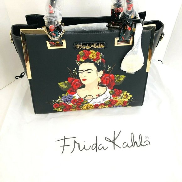 NEW Frida Kahlo Floral Portrait Collection Satchel Purse Handbag Bag Black NWT - Picture 4 of 9